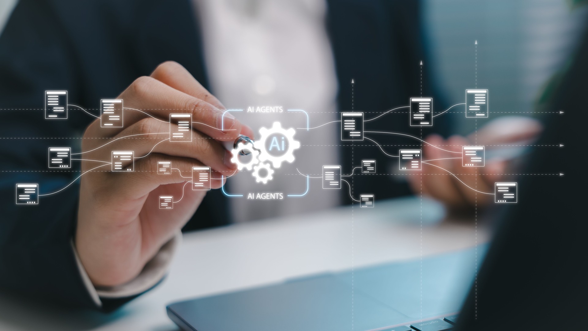 Businessman using AI agents to automate document management and data workflow across digital systems, showing smart process optimization.