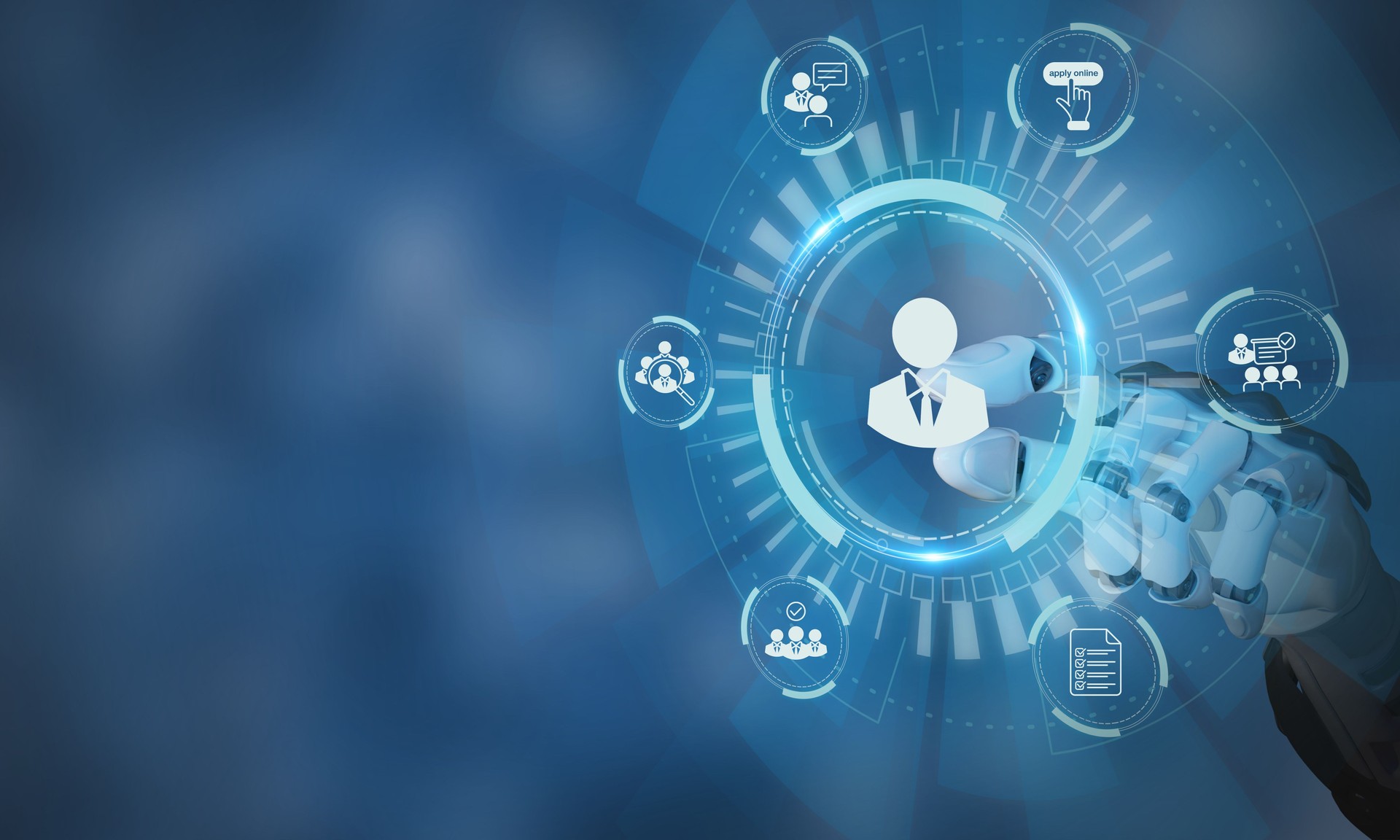 AI recruiting technology concept. Using artificial intelligence in the talent acquisition process. A robot choosing business people to hire. HR technology ecosystem strategies for HR professionals.